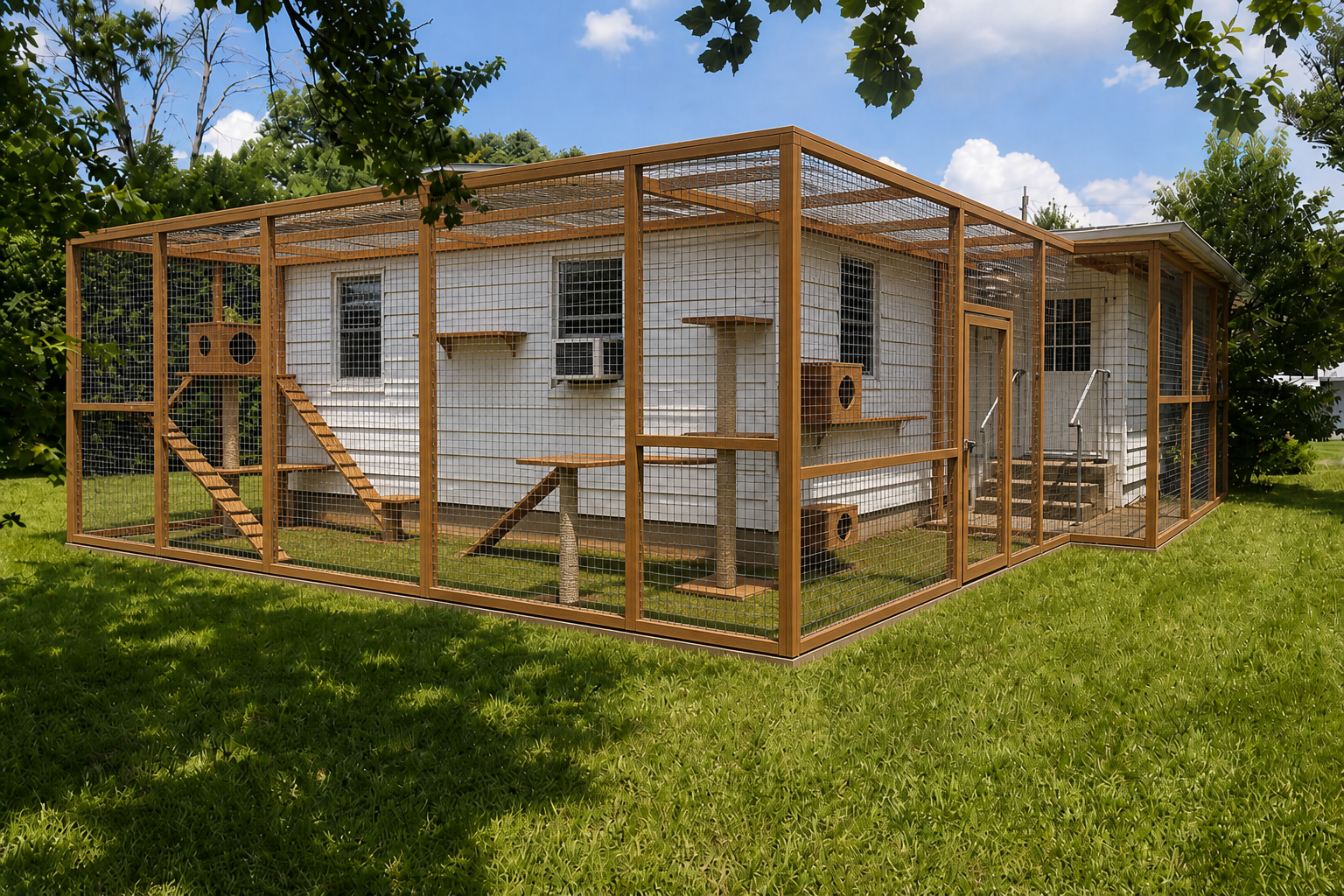 Proposed wooden mesh catio with shelves, ramps, and nest boxes attached to the shelter